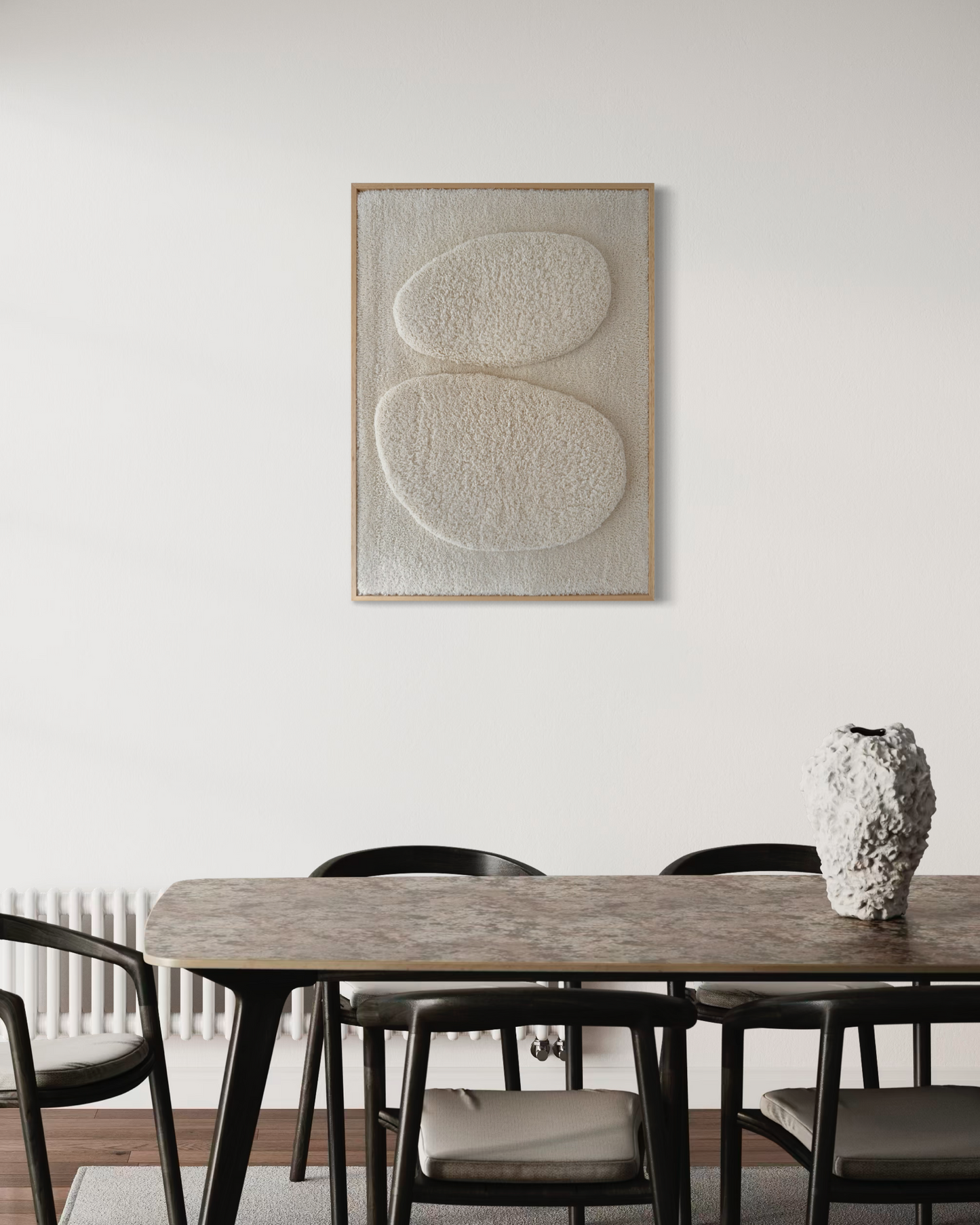 Framed tufted wall sculpture in neutral Scandinavian interior