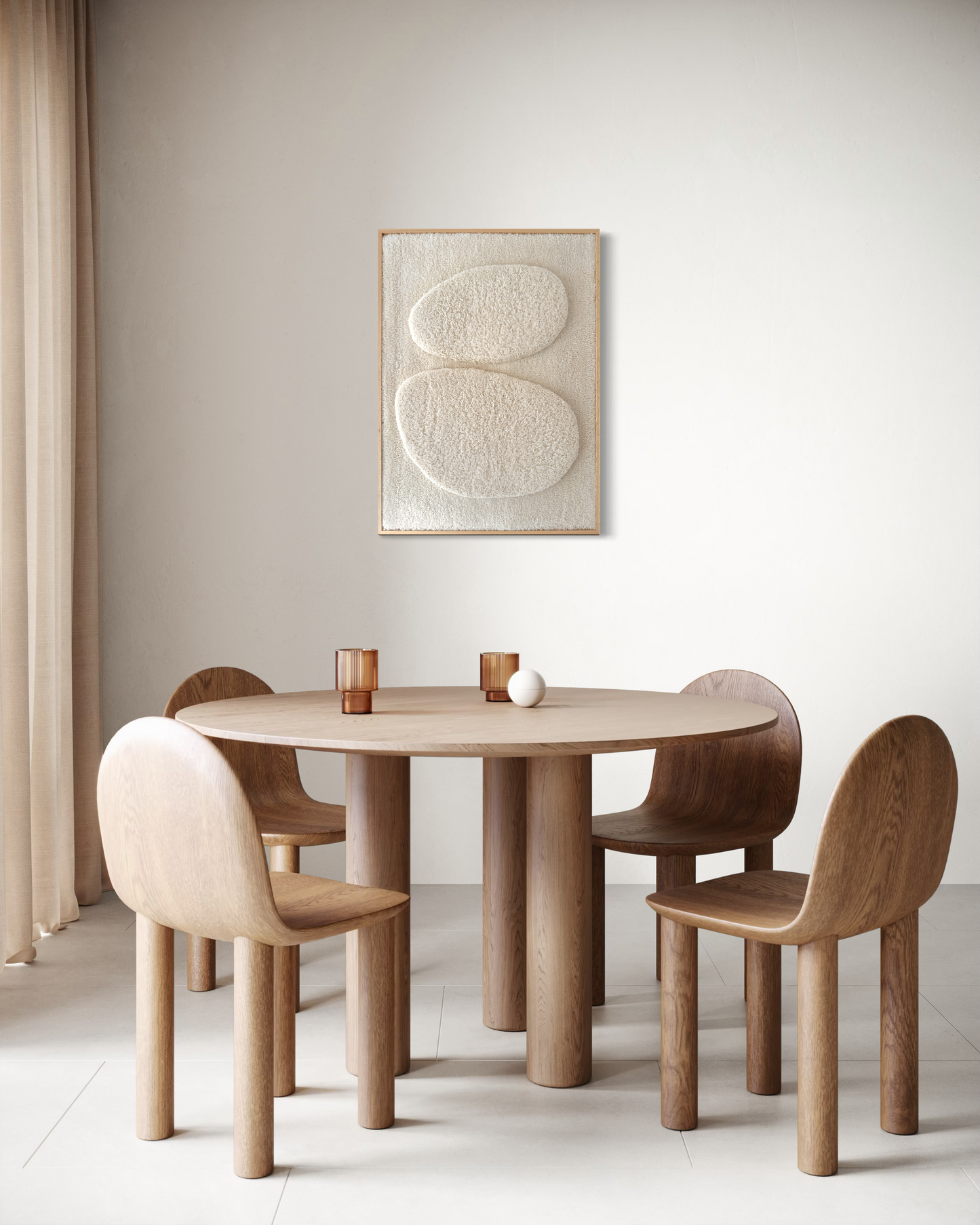 Stillness wool wall hanging styled above a dining table