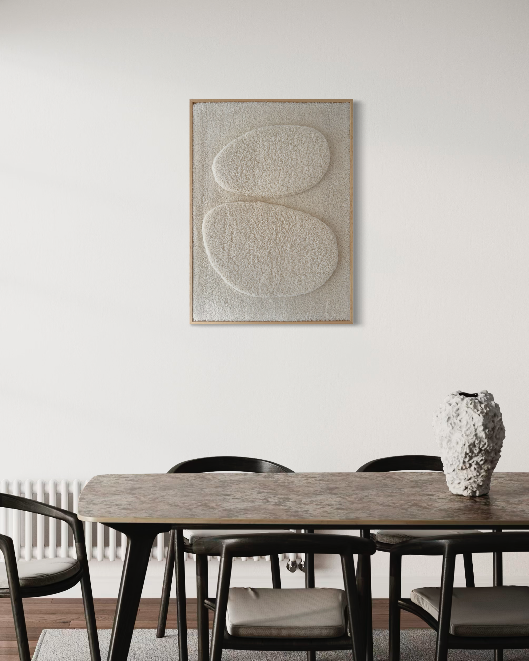Framed tufted wall sculpture in neutral Scandinavian interior