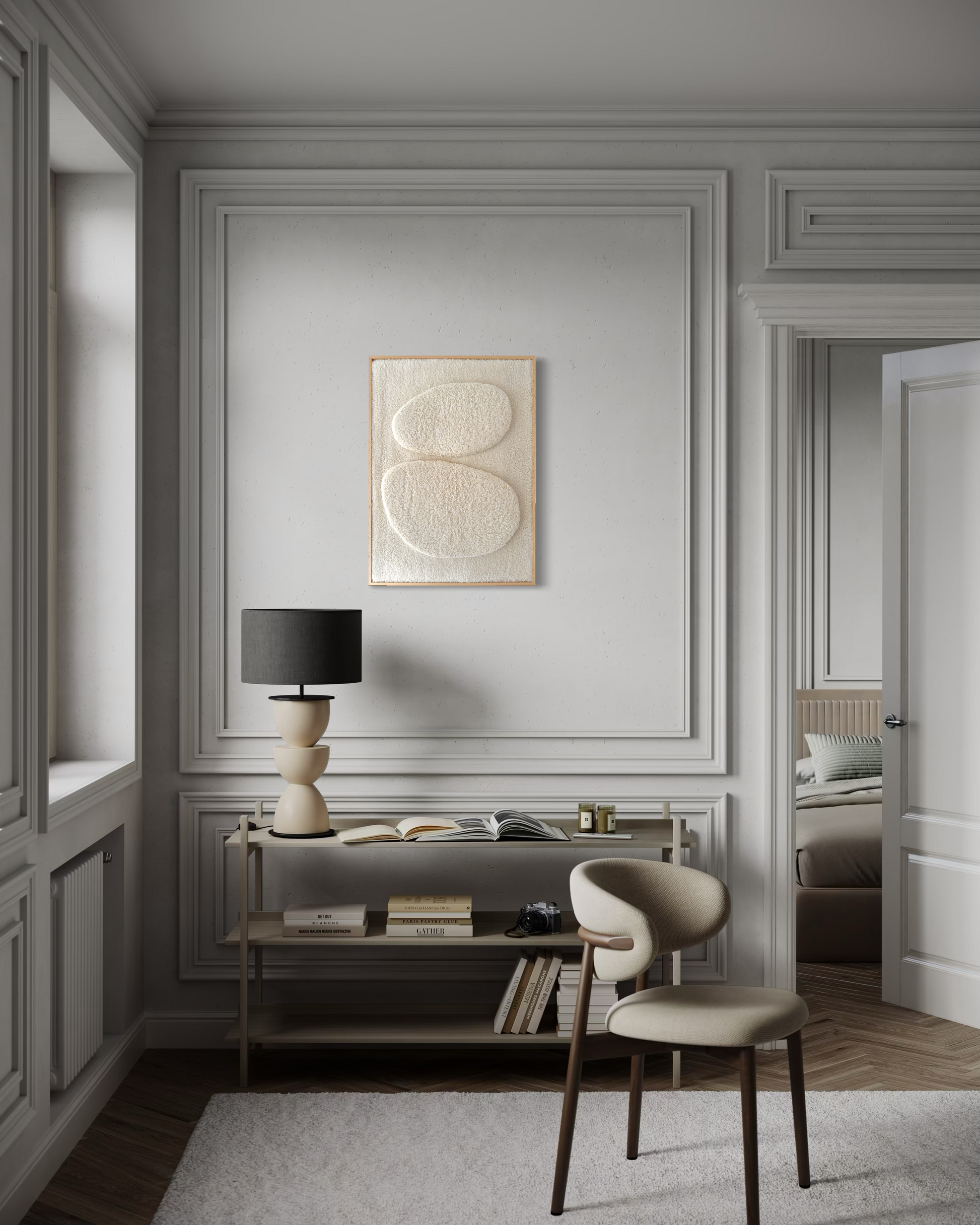 Framed tufted wall sculpture in neutral elegant interior