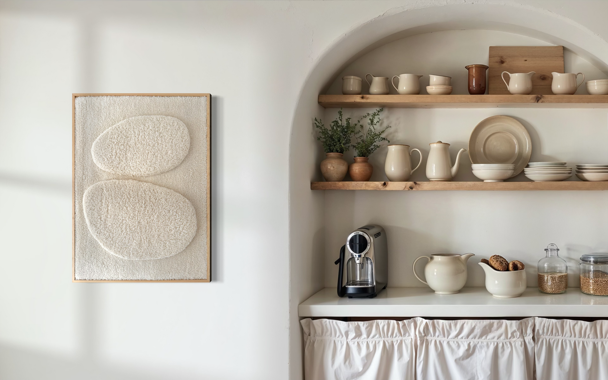 Framed tufted wall sculpture in neutral cottage kitchen