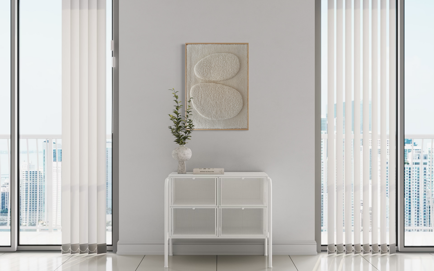 Stillness wool wall hanging styled above a consolle
