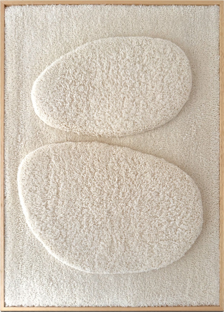 Ecru wool and alpaca handmade wall hanging with two raised pebble shapes